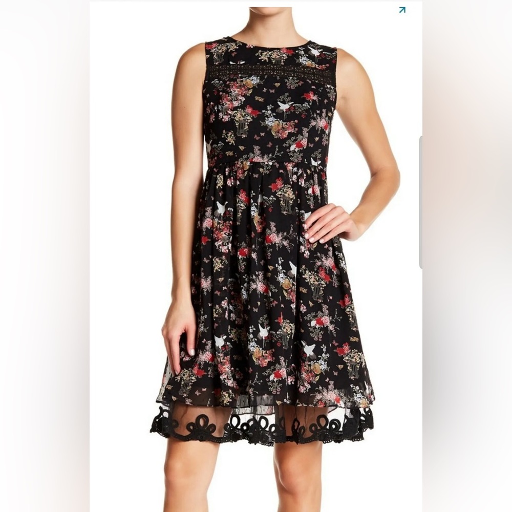 Everleigh Anthropologie Whimsigoth Black Lace Midi Japanese Floral‎ Print Small